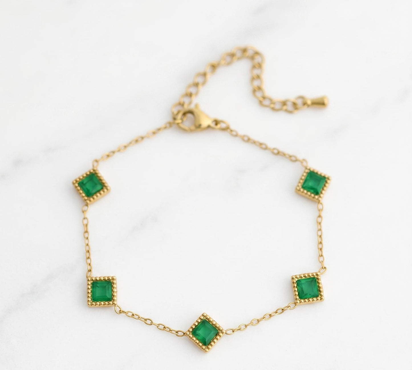 Emerald Station Bracelet – 18K Gold, Green Stone, Dainty