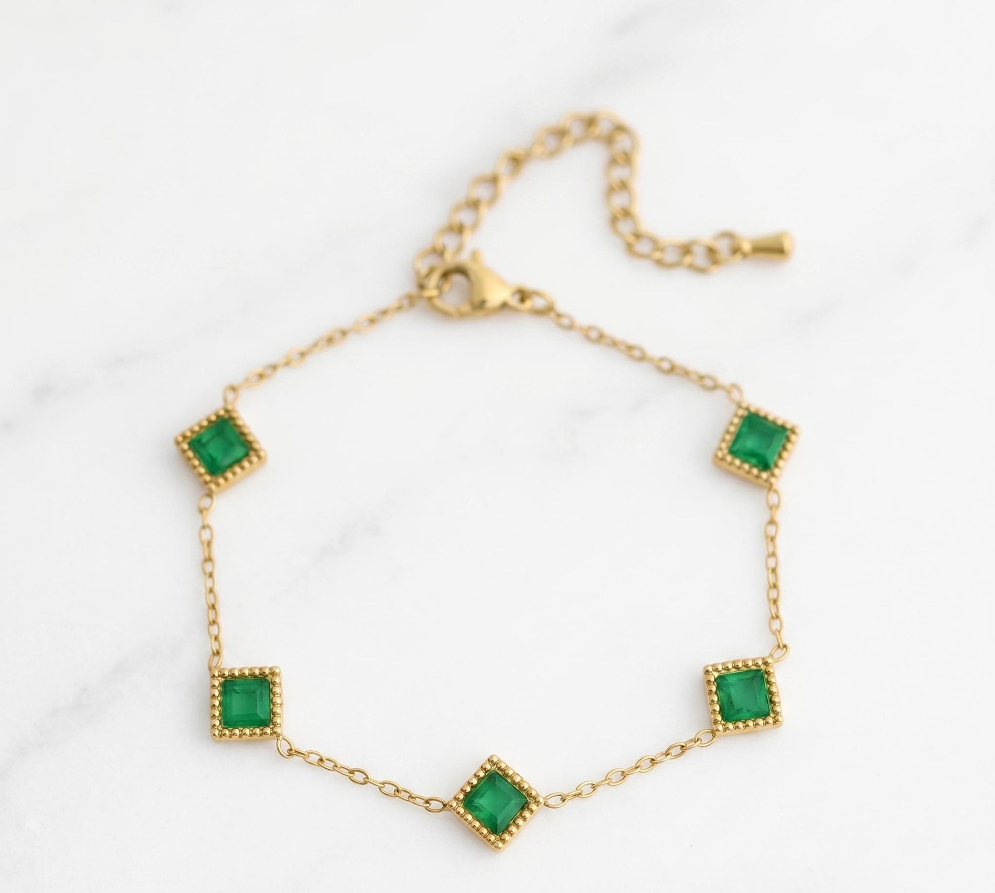 Emerald Station Bracelet – 18K Gold, Green Stone, Dainty