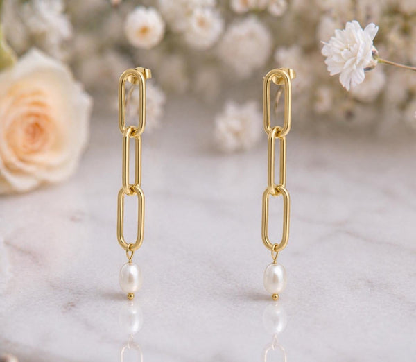 Pearl Drop Earrings – 18K Gold Paperclip, Waterproof